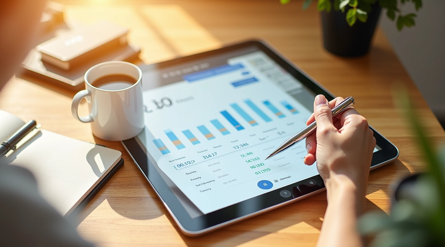 Tablet med investeringsapp på træbord med kaffekop og notesbog