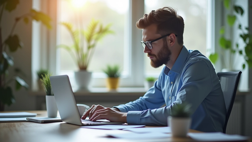 Person ved laptop der analyserer finansielle data i morgenslys