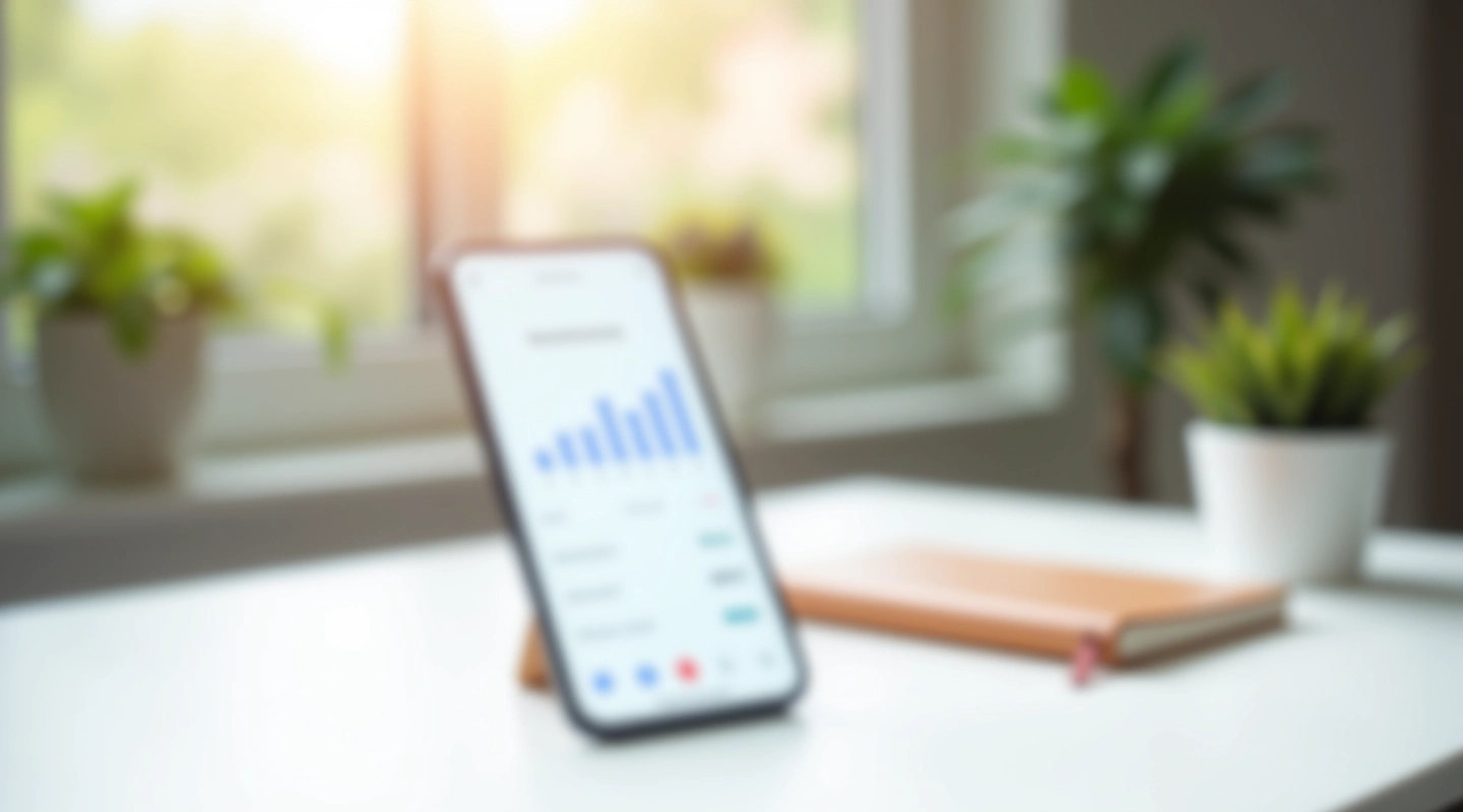 Smartphone med investeringsapp på minimalistisk arbejdsplads med plantekrukke og notesbog