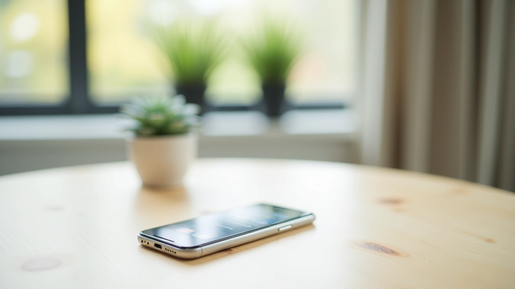 Mobiltelefon med finansierings-app på lyst bord med blomster