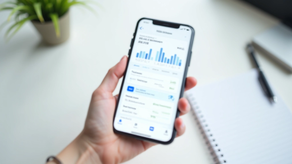 Smartphone på minimalistisk skrivebordsopsætning med finansiel data