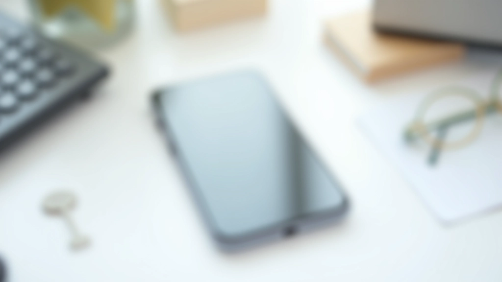 Smartphone på minimalistisk hvidt skrivebord med grafik
