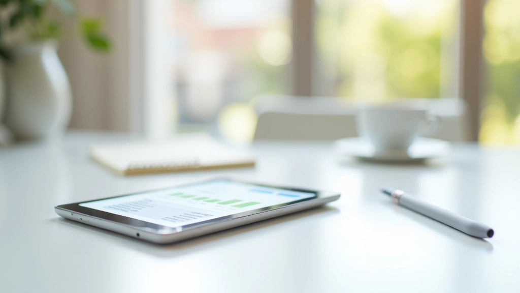 Tablet med budget-app og notesblok på hvidt bord
