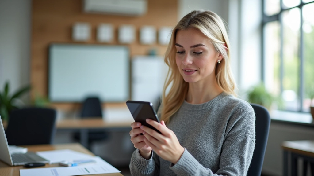 Person holder smartphone med sparings-app, stille kontormiljø